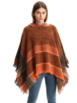 Winter Hooded Capes Women Loose Striped Poncho