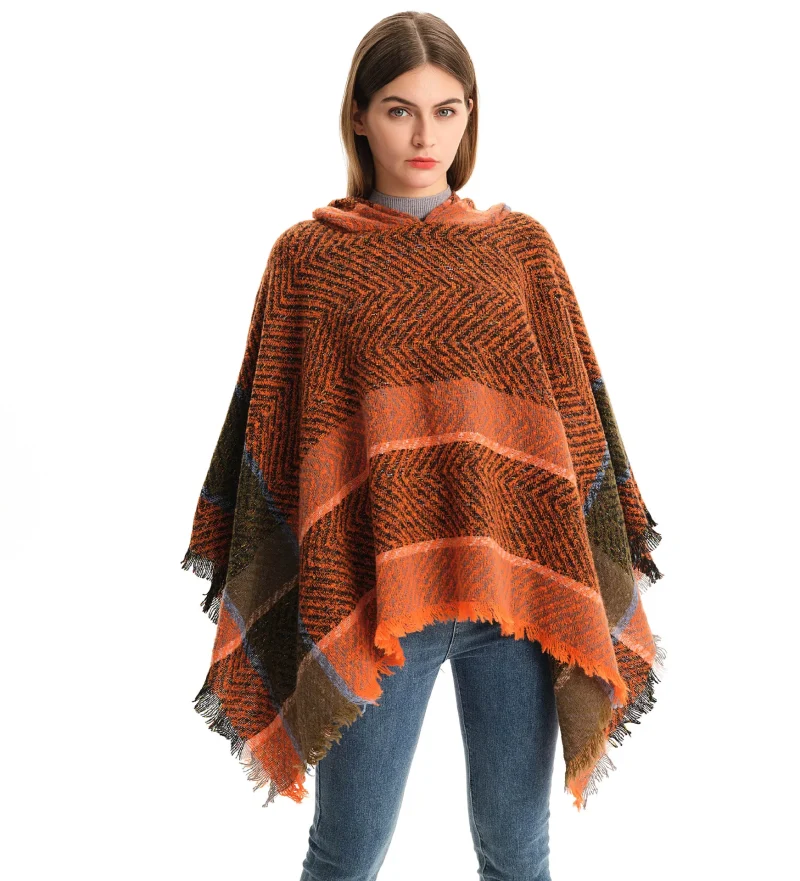 Winter Hooded Capes Women Loose Striped Poncho
