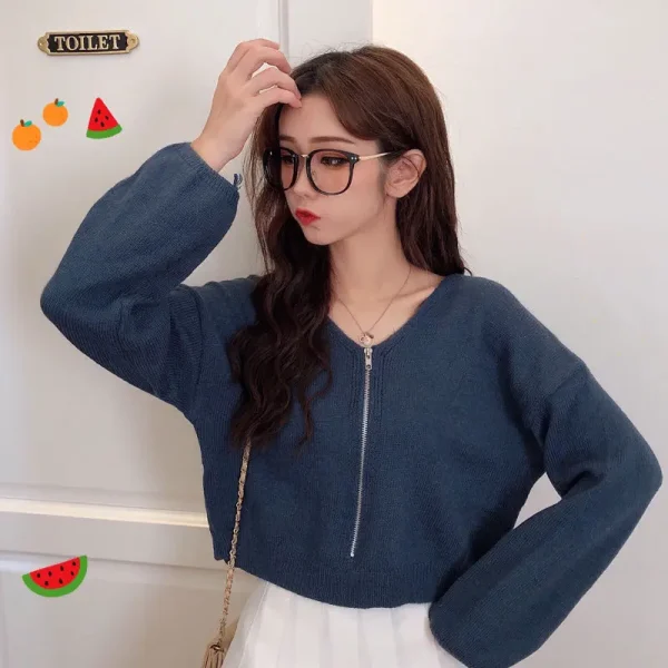 Korean Fashion V-Neck Zipper Sweater Women Spring - Image 14