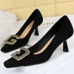Western Style Fashion Women 6cm High Heels Pumps Square Toe Flock Metal Crystal - Image 4