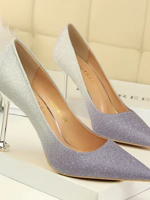 Women Fetish 9.5cm High Heels Purple Sequins Bling Pumps Lady