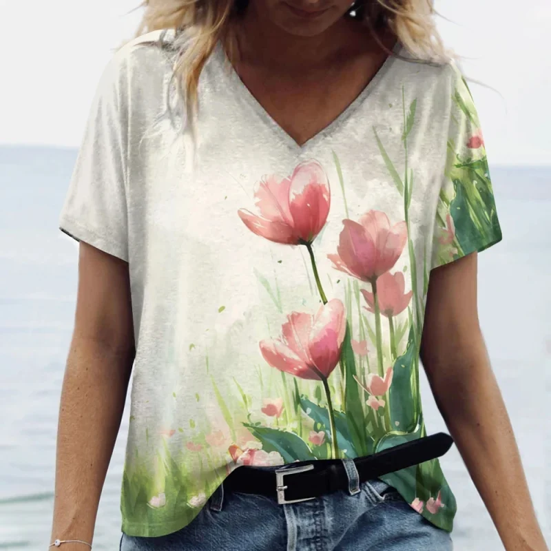 Fashion Tulip 3D Printed Women's T-shirt Summer Casual Flower V-neck Shirt - Image 3