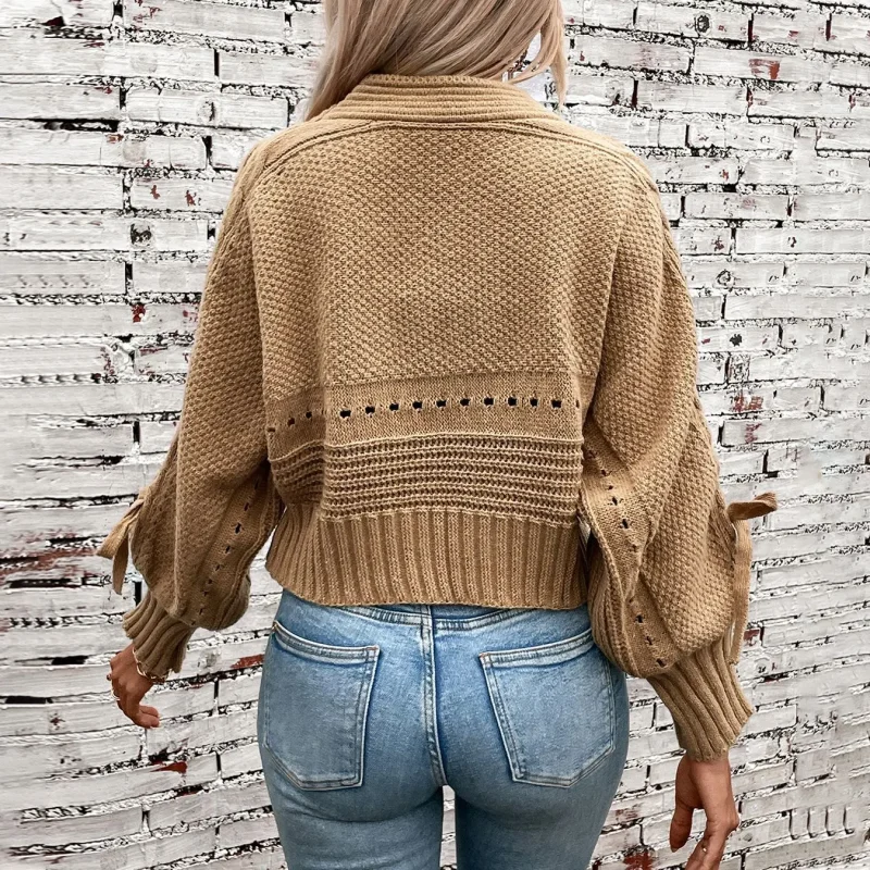 Autumn Bow Lace Up Long Sleeve Knit Short Cardigan Jacket - Image 5