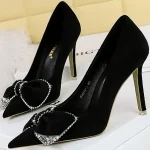 Korean Version Party 9cm High Heels Rhinestone Bow Black Red Pointed Toe - Image 10