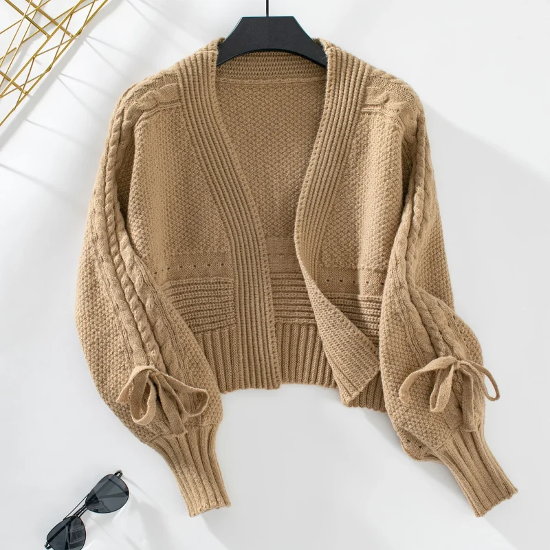 Autumn Bow Lace Up Long Sleeve Knit Short Cardigan Jacket - Image 14