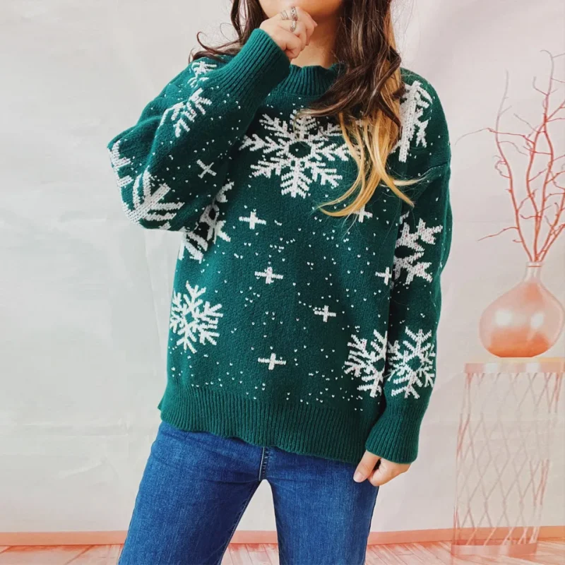 Clothes Christmas Sweater Snowflake Print O- Neck Long Sleeve Knitted - Image 5