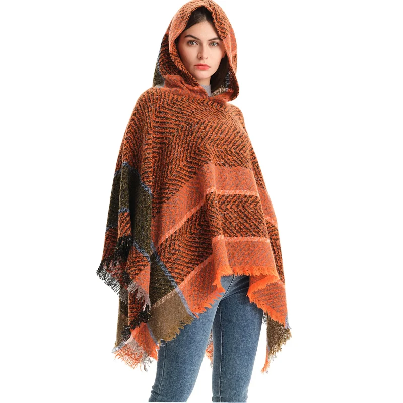 Winter Hooded Capes Women Loose Striped Poncho - Image 5