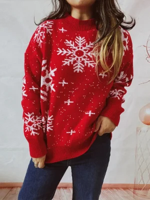 Clothes Christmas Sweater Snowflake Print O- Neck Long Sleeve Knitted