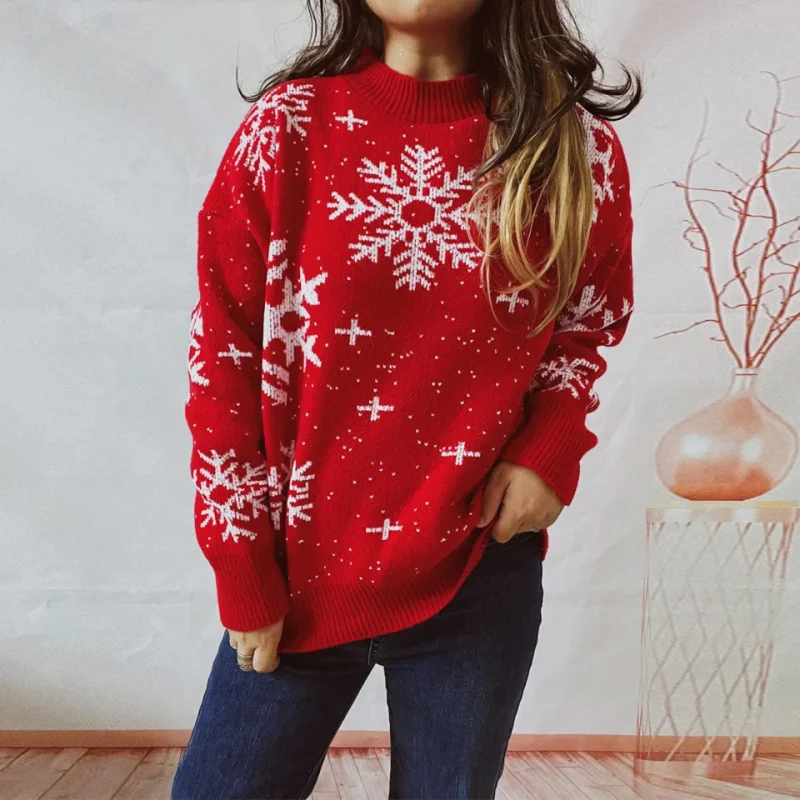 Clothes Christmas Sweater Snowflake Print O- Neck Long Sleeve Knitted