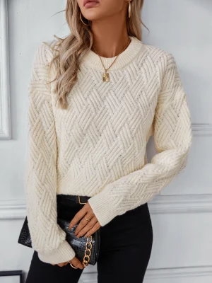 Twists Knitted Sweater Women O-neck Long Sleeve Casual Pullovers Fashion