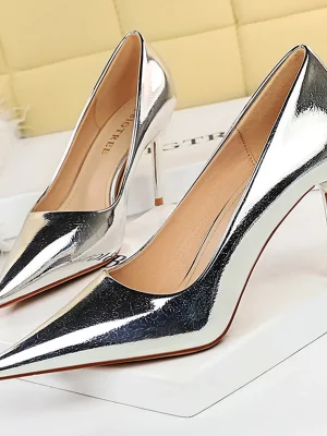 Women 8.5cm High Heels Gold Silver Pumps Glossy Bling Leather