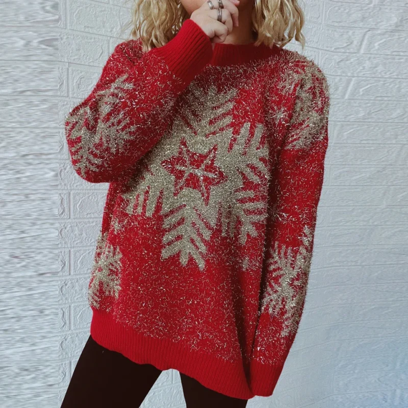 Snowflake Gold Thread Elk Christmas Sweater Women 2024 - Image 3