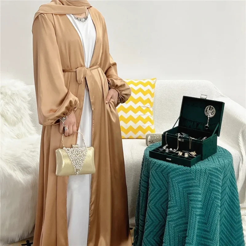 Women Abayas Muslim Kaftan Puff Sleeves Lace-up Maxi - Image 3