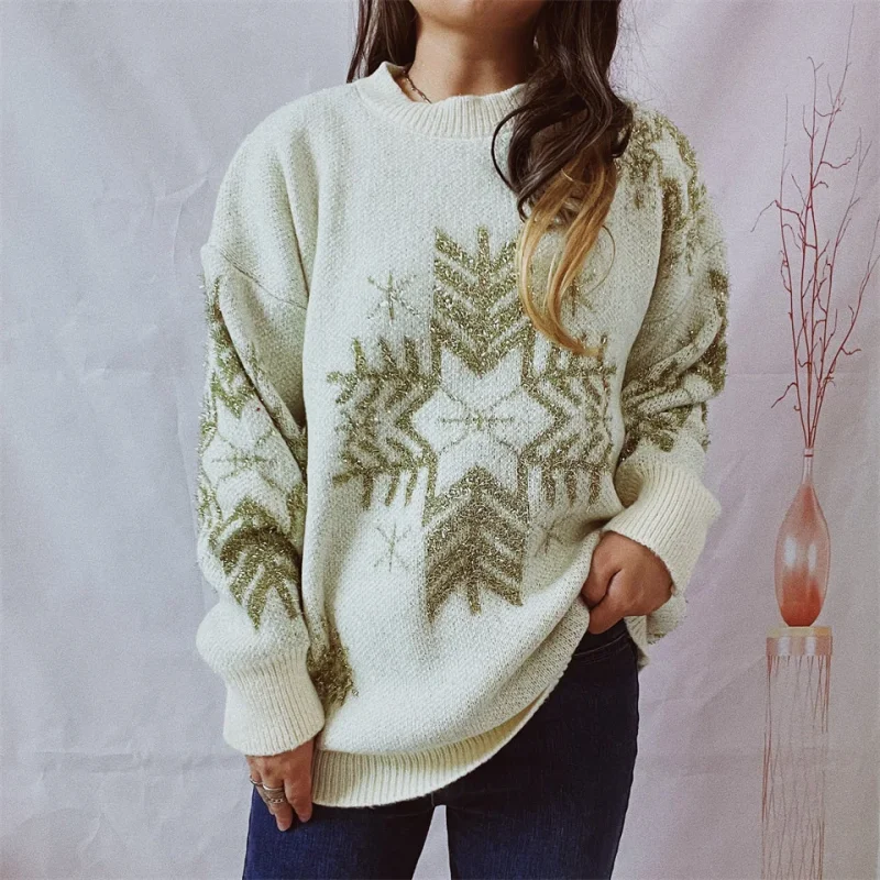 Gold Thread Snowflake Christmas Sweater O-Neck Long Sleeve - Image 5