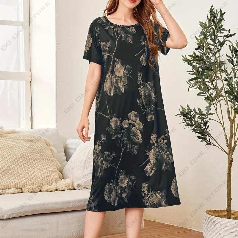Floral Dresses Women's Home Nightgowns Micro Stretch Girls' Knee - Image 2