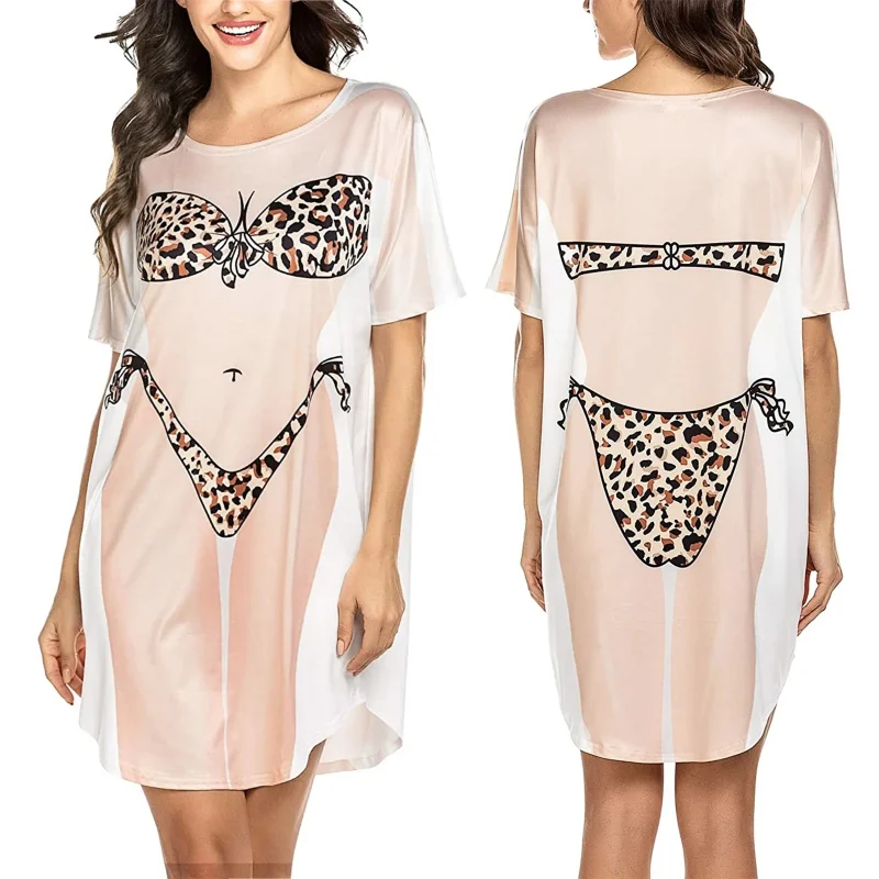 Women's Summer Fashion Dress 3D Bikini Print Round Neck Short