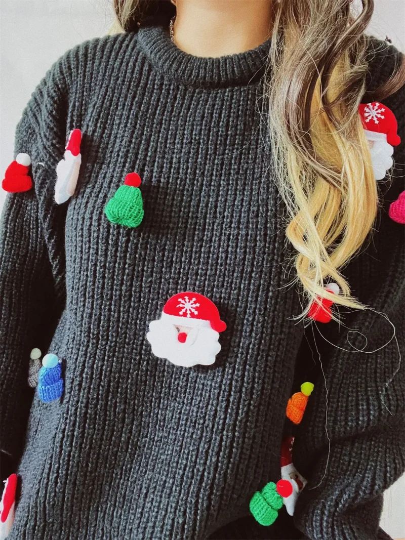 Christmas Sweater For Women Cute Santa Claus 3D Decoration - Image 8