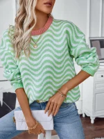 Women's Wave Striped O-neck Pullovers 2024 Autumn
