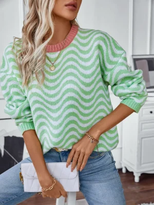 Women’s Wave Striped O-neck Pullovers 2024 Autumn