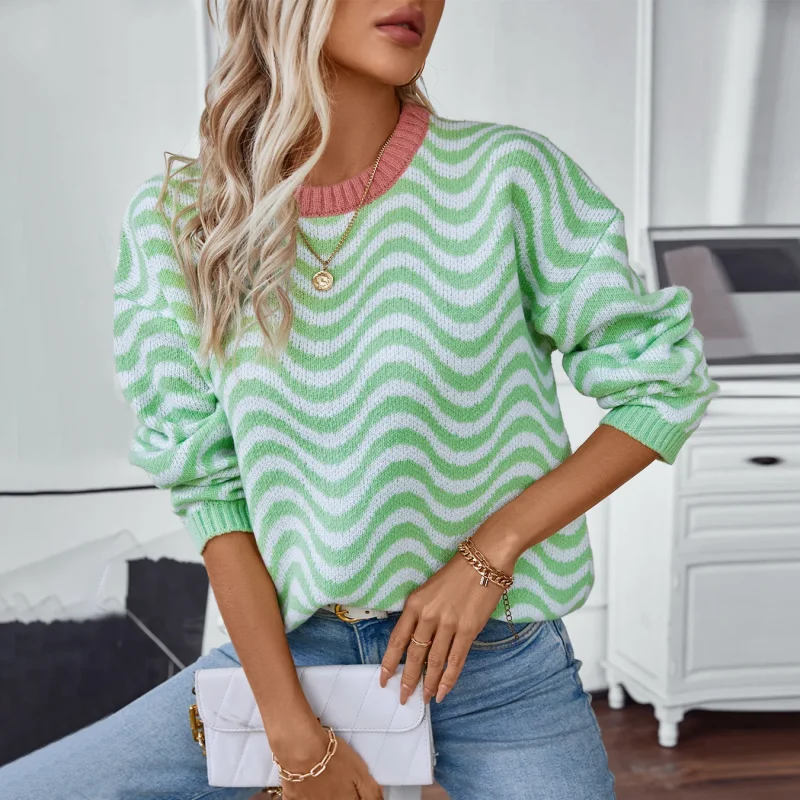 Women's Wave Striped O-neck Pullovers 2024 Autumn - Image 6