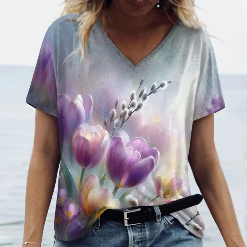Fashion Tulip 3D Printed Women's T-shirt Summer Casual Flower V-neck Shirt - Image 7