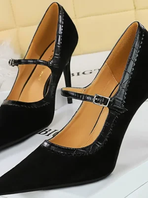 Retro Western Style Black Pumps 10cm Thin Heels Super High Heels Velvet