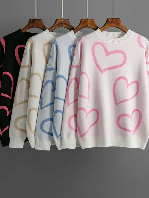 Heart Print O-Neck Pullovers Women Long Sleeve Loose Knitted Sweaters