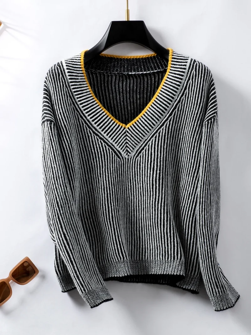 Women's Autumn V Neck Striped Sweater Long Sleeve - Image 14