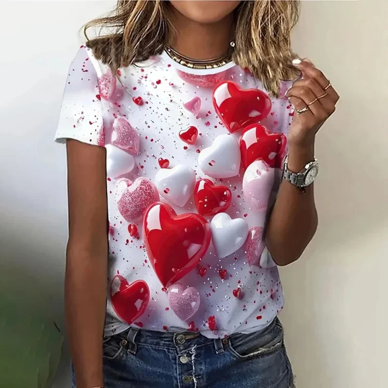 3D Love Print Women's Short Sleeve T-shirt Summer Round Neck - Image 2