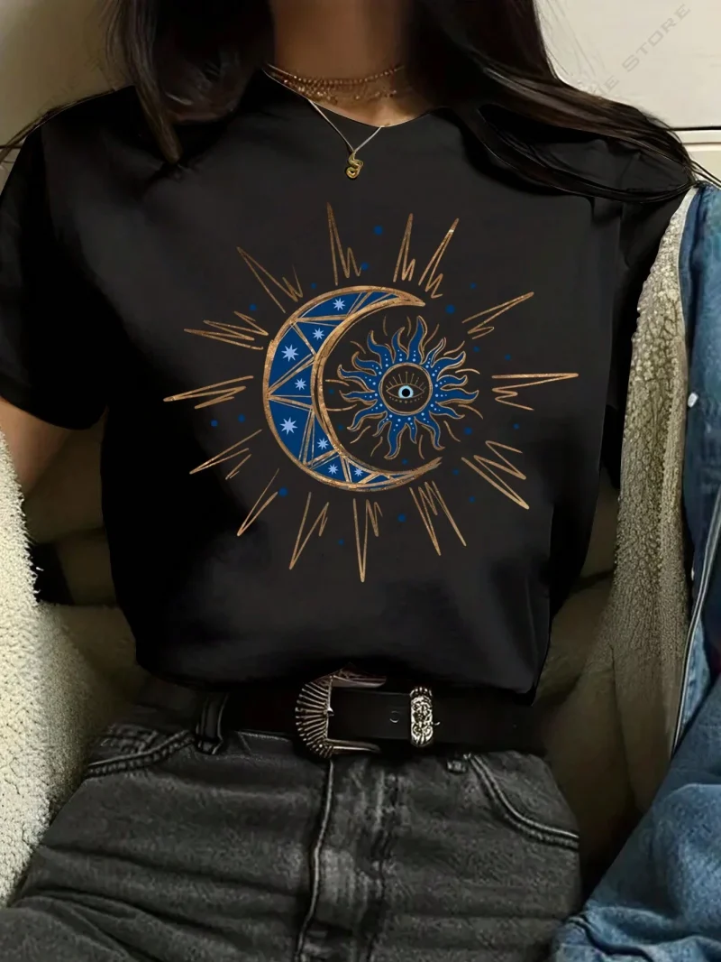 Women's Sun and Moon Totem Printed Short Sleeve Cotton T-Shirt Tops - Image 3
