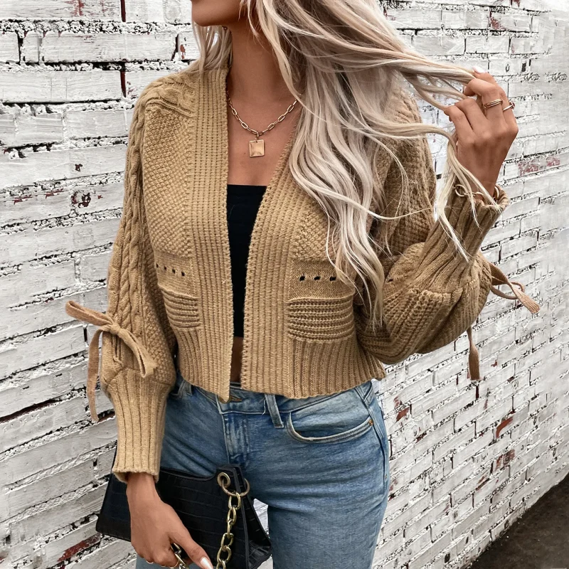 Autumn Bow Lace Up Long Sleeve Knit Short Cardigan Jacket - Image 7
