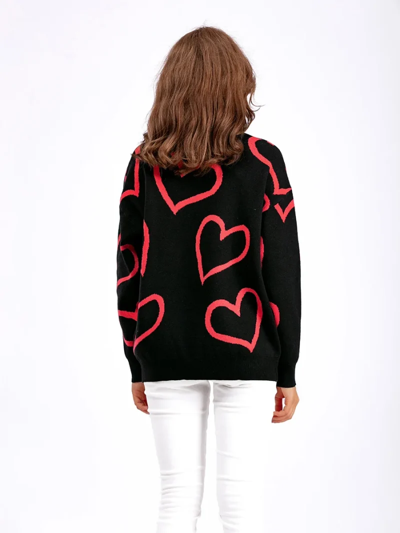 Heart Print O-Neck Pullovers Women Long Sleeve Loose Knitted Sweaters - Image 14