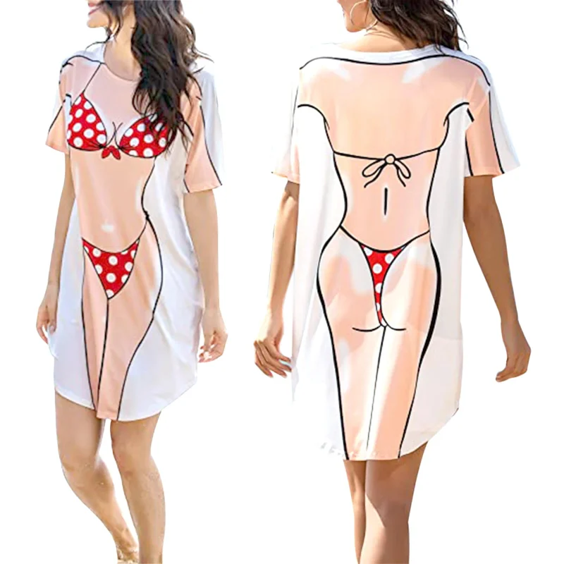 Women's Summer Fashion Dress 3D Bikini Print Round Neck Short - Image 5