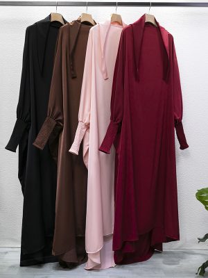 Muslim Abaya Hooded Smocking Sleeve One-piece Prayer Dress Women