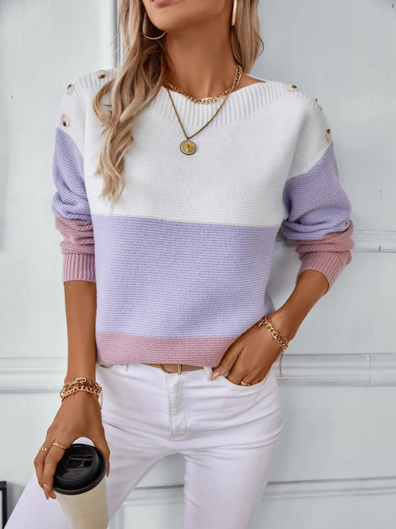 Contrast Color Slash Neck Button Pullovers Women Fashion - Image 11