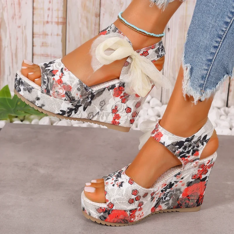 Female Open Toe Platform Sandals Fashion Flower Print Lace-up Wedges High Heels - Image 3