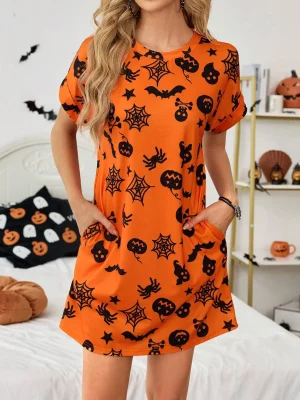 Women’s Halloween Wreath Pattern Casual Summer Dress Halloween