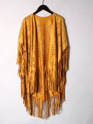 Camel Suede Floral Hollow Out Fringe Tassel Shawl Women Vintage