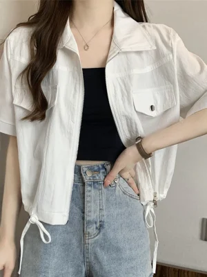 Sweet Zipper Women Shirt Korean New Lace Up Pockets Short