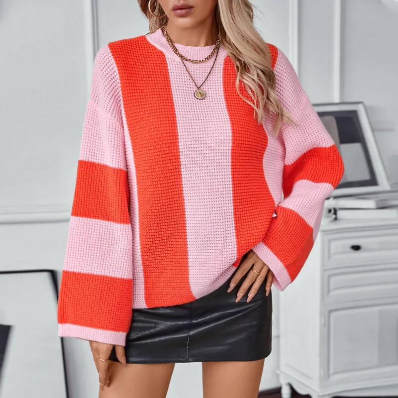 Womne's Contrast Color Striped Knitted Sweater Autumn - Image 5