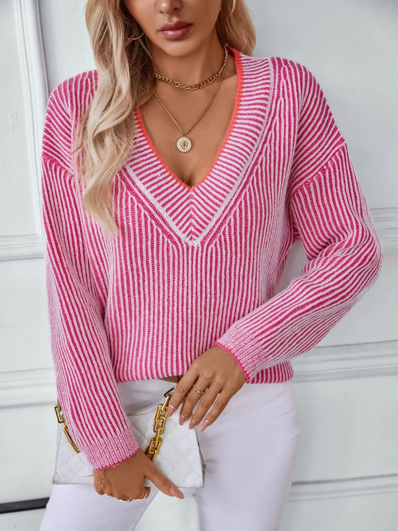 Women's Autumn V Neck Striped Sweater Long Sleeve - Image 11