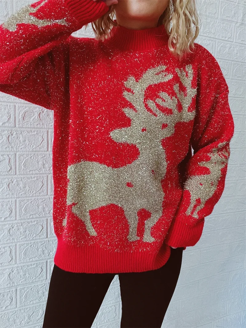 Snowflake Gold Thread Elk Christmas Sweater Women 2024 - Image 7