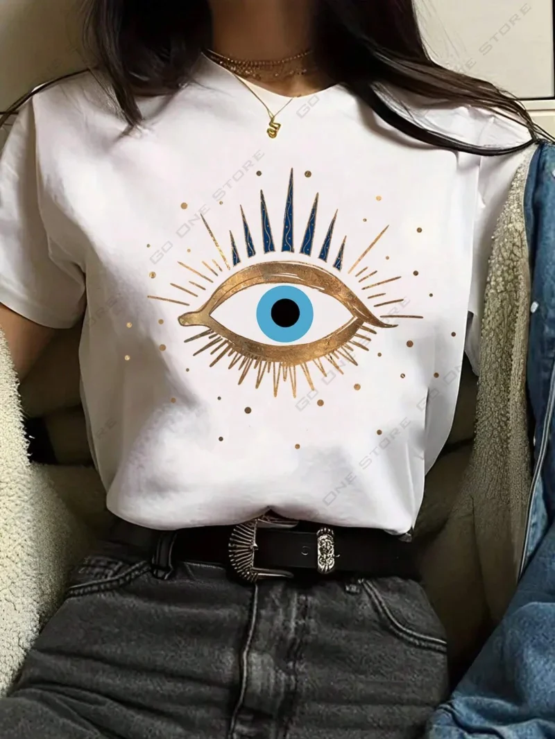 Women's Sun and Moon Totem Printed Short Sleeve Cotton T-Shirt Tops - Image 2
