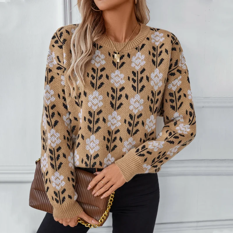 Winter Cloth Women Floral Knitted O-Neck Pulovers Fashion Long Sleeve - Image 4