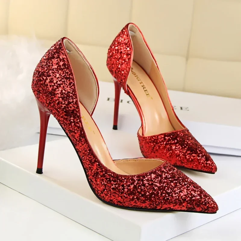 Women 9.5cm High Heels Stripper Bling Glod Red Silver Scarpins Pumps - Image 16