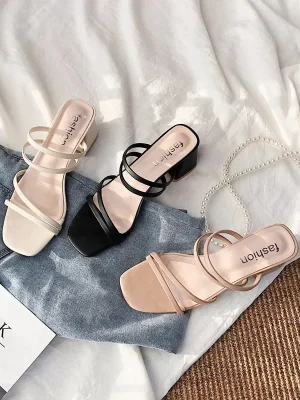 Women Sandals Ladies Square Heels Elegant Summer Slippers Outside