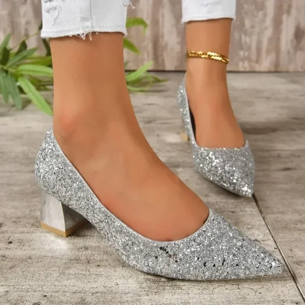 Fashion Large Heel Single Shoes Wearing Sequin Face Pointed Toe - Image 4