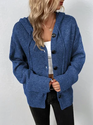 Winter Solid Color Hooded Knitted Cardigan Women 2024 Fashion