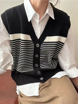 Winter V Neck Striped Knitted Vest Women 2024 Korean Fashion