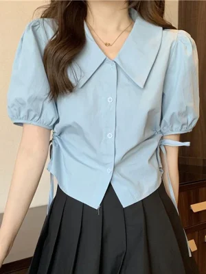 Women Blue Shirt Korean Sweet Preppy Style Bandage Short Sleeve